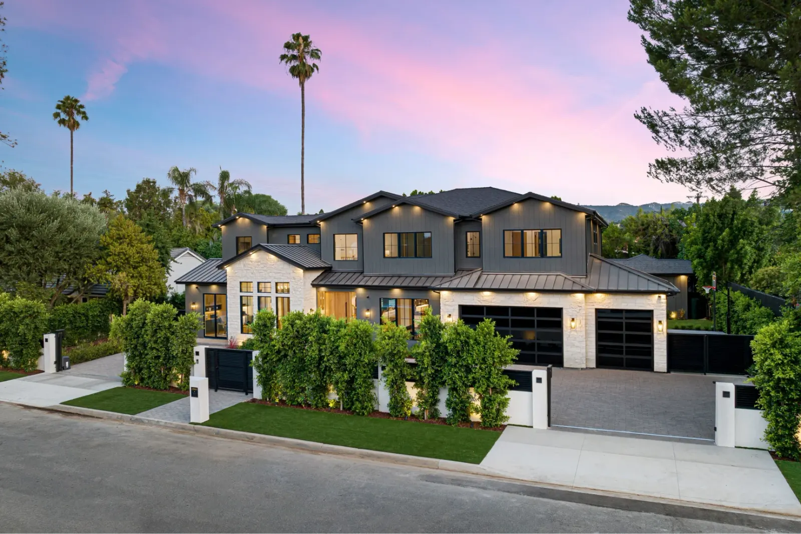 Modern two-story home with dark exterior, surrounded by lush greenery and tall palm trees.