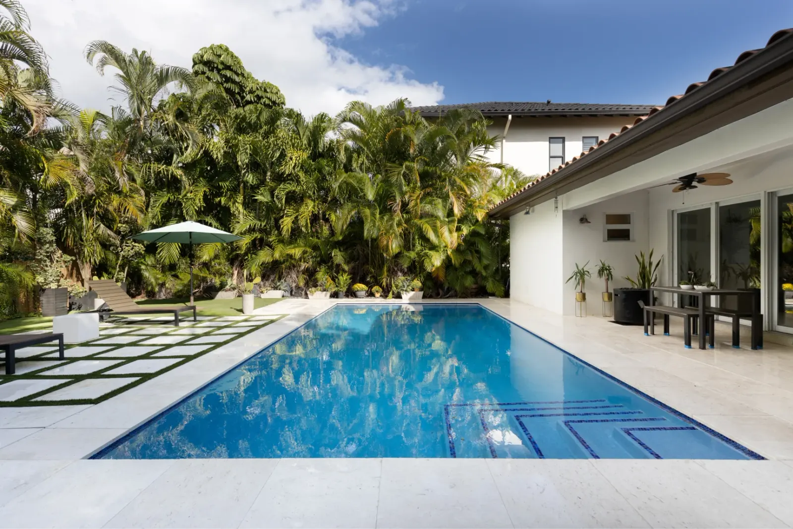 Backyard pool surrounded by lush greenery.